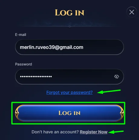 quick log in form